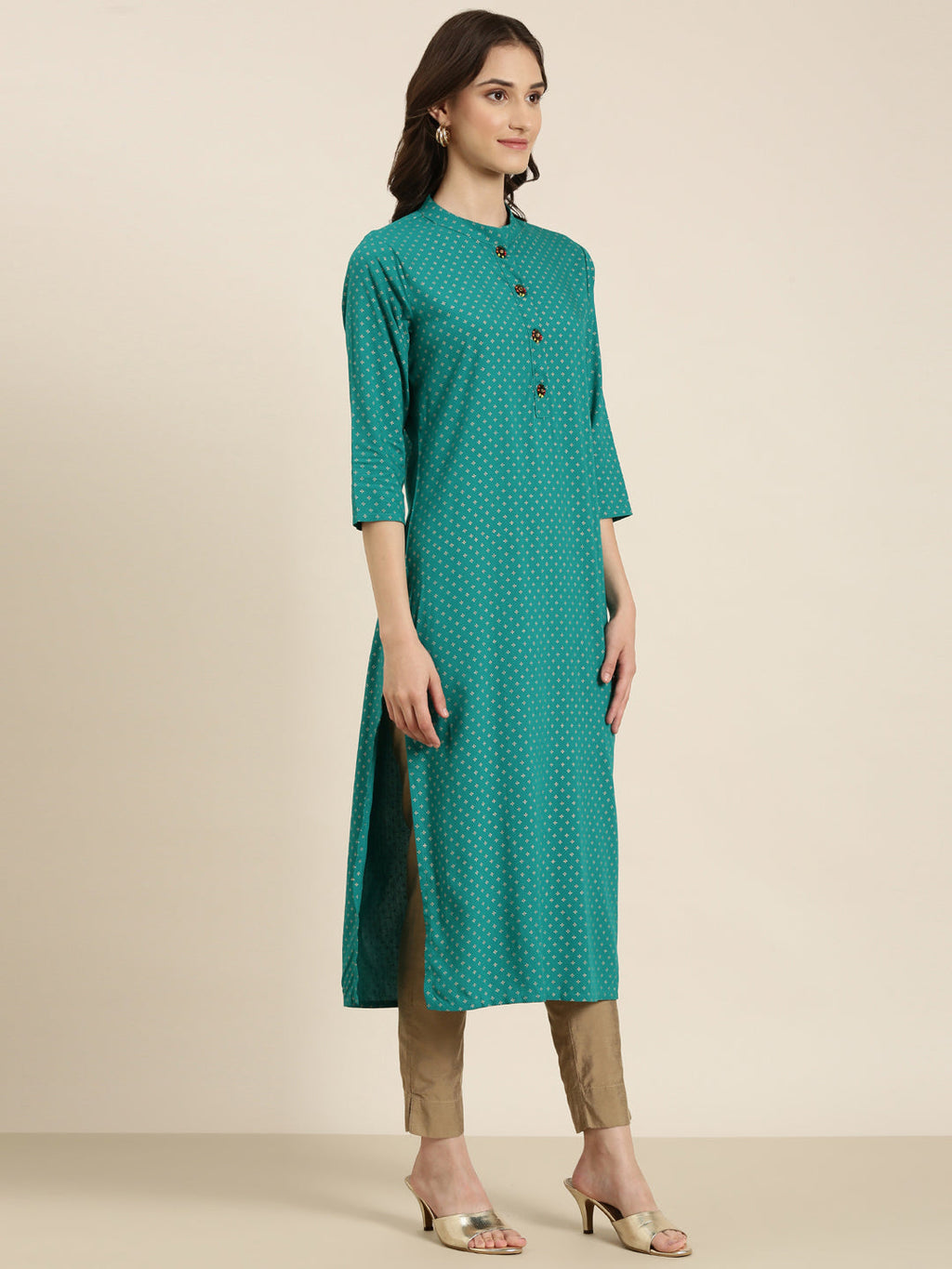 Women's Teal Floral Printed Band Collar Straight Kurta