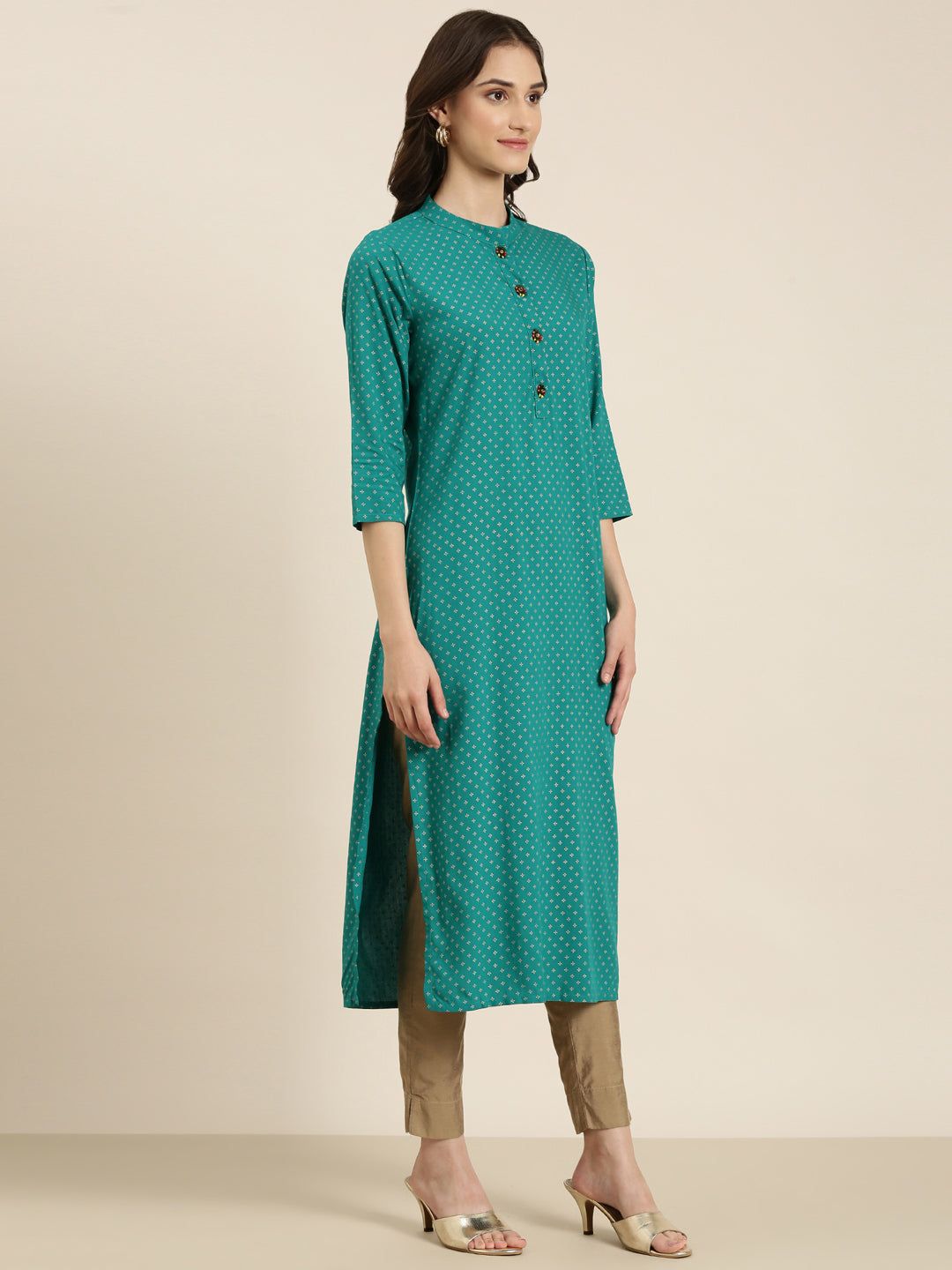 Women's Teal Floral Printed Band Collar Straight Kurta