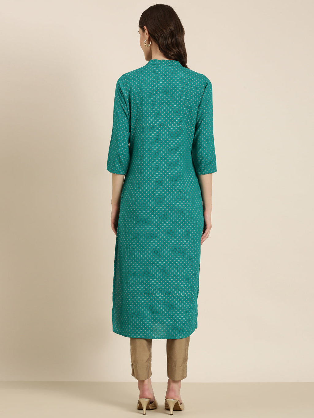 Women's Teal Floral Printed Band Collar Straight Kurta