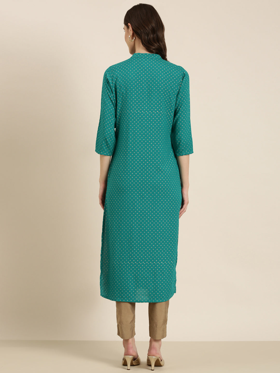 Women's Teal Floral Printed Band Collar Straight Kurta