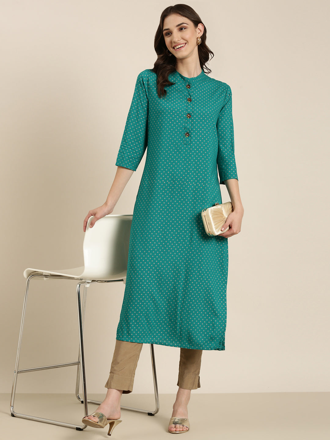 Women's Teal Floral Printed Band Collar Straight Kurta