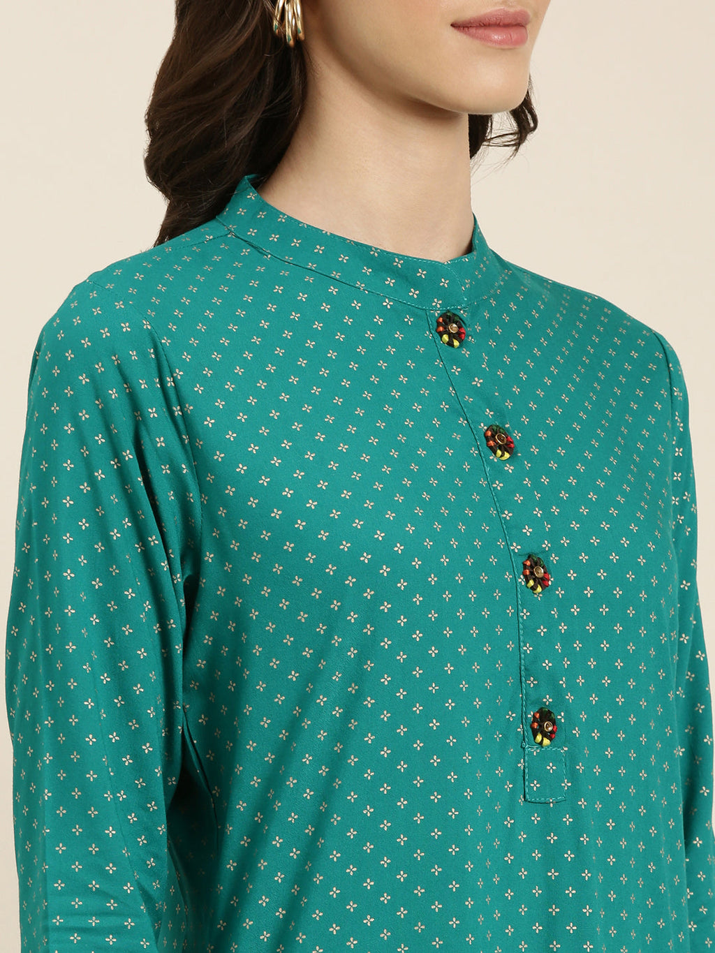 Women's Teal Floral Printed Band Collar Straight Kurta