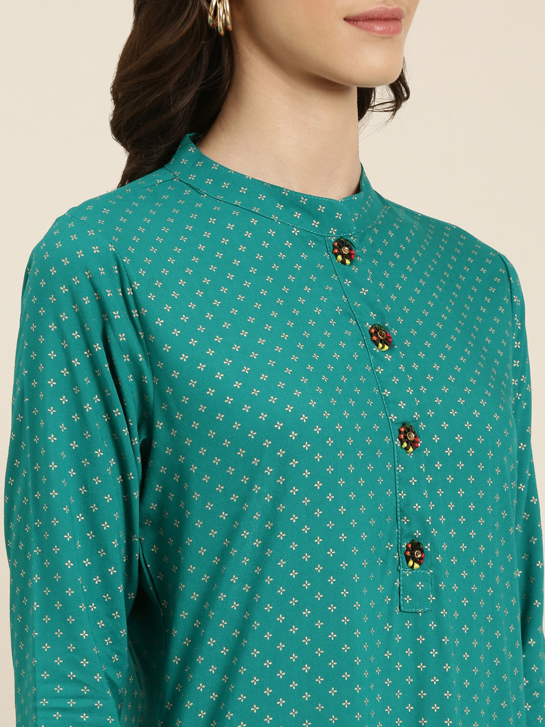 Women's Teal Floral Printed Band Collar Straight Kurta
