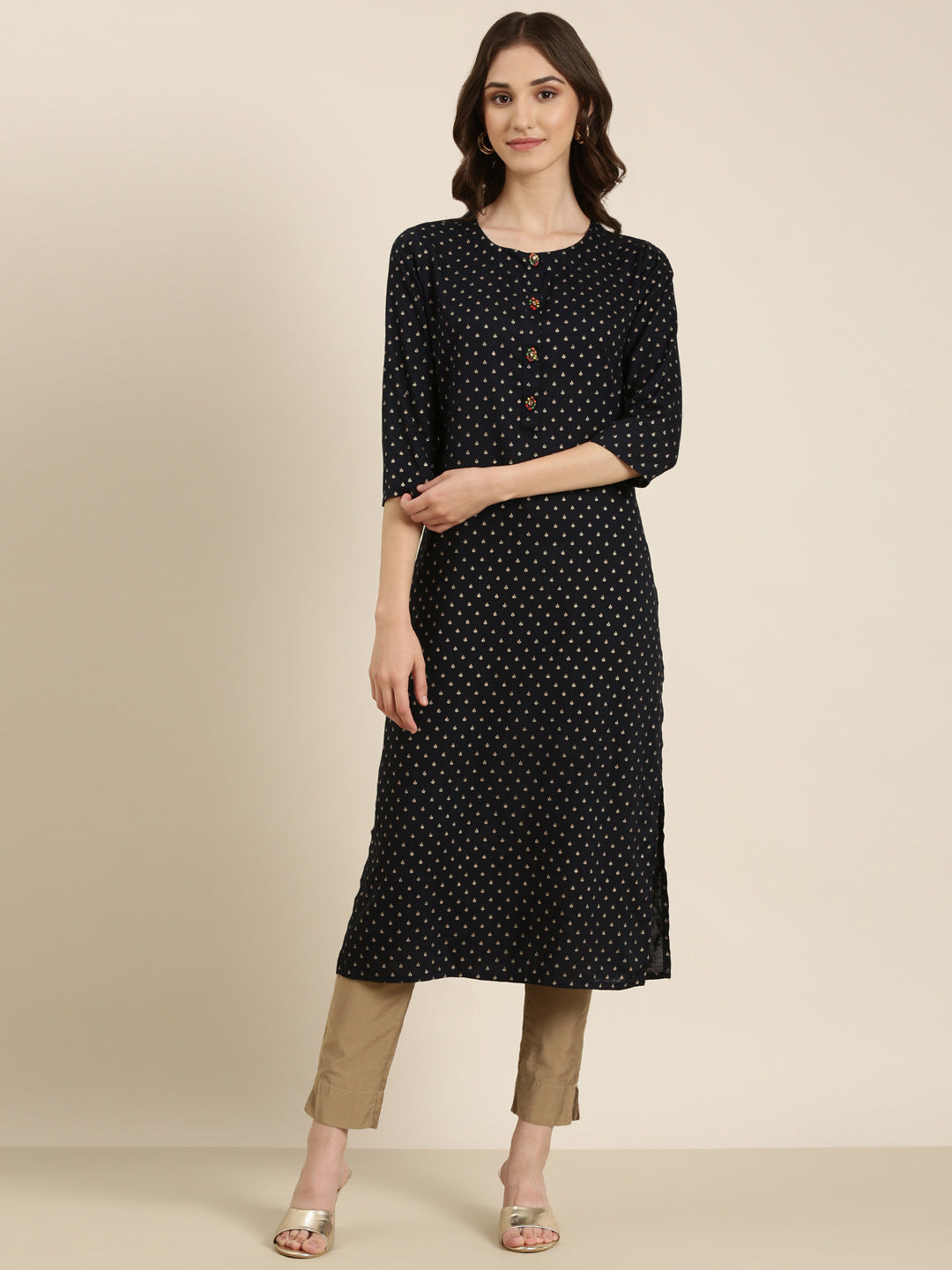 Women's Navy Blue Ethnic Motifs Printed Straight Kurta