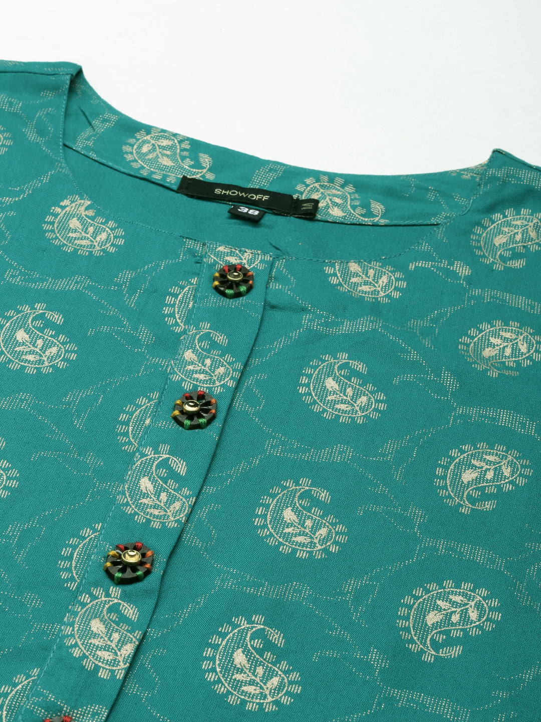 Women's Teal Paisley Printed Round Neck Straight Kurta