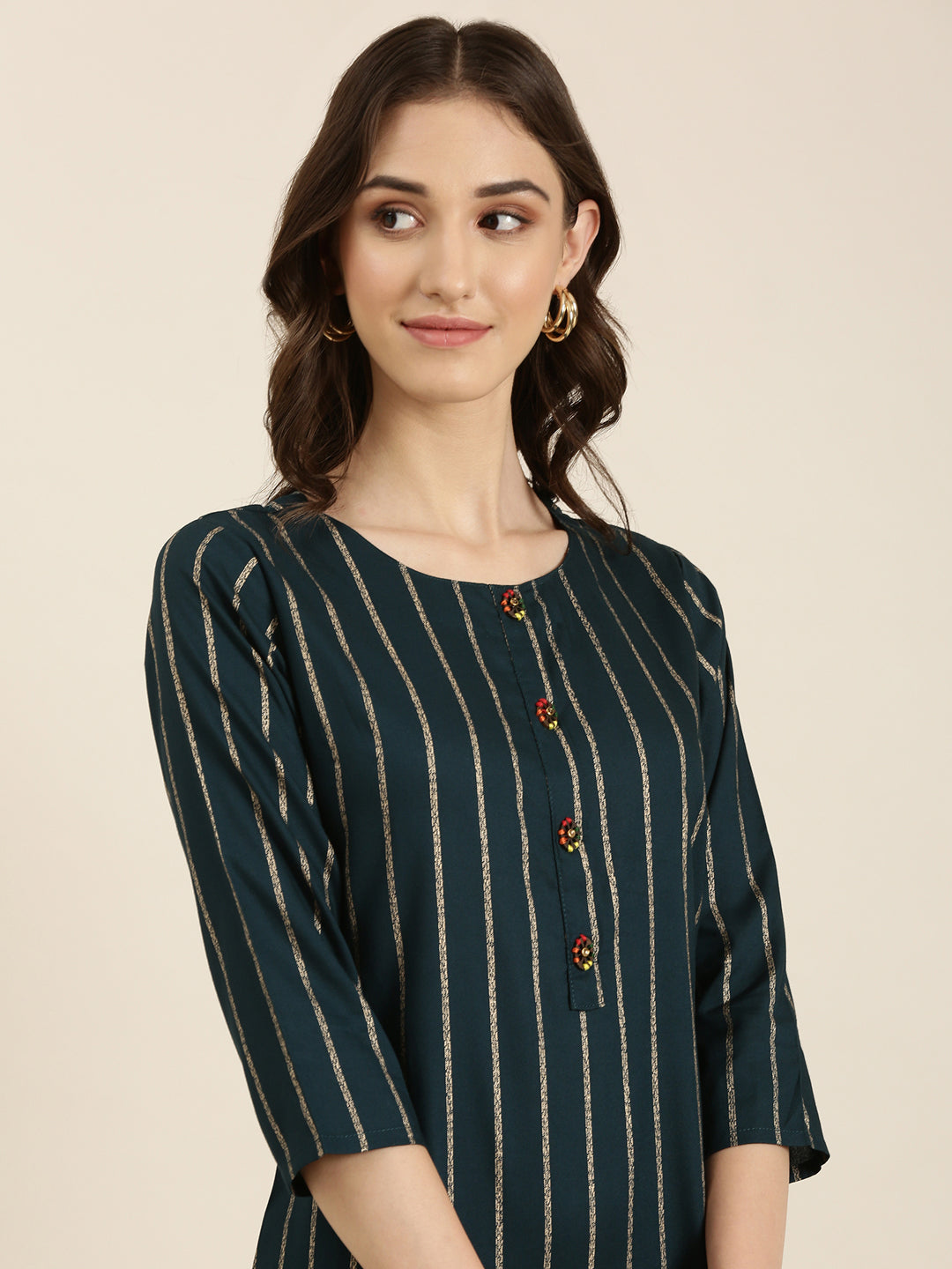 Women's Teal Striped Straight Kurta