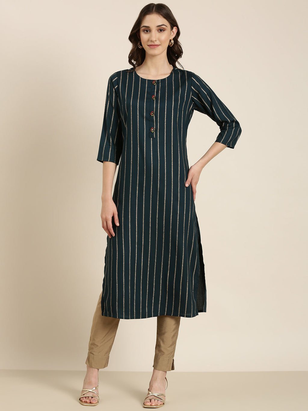 Women's Teal Striped Straight Kurta