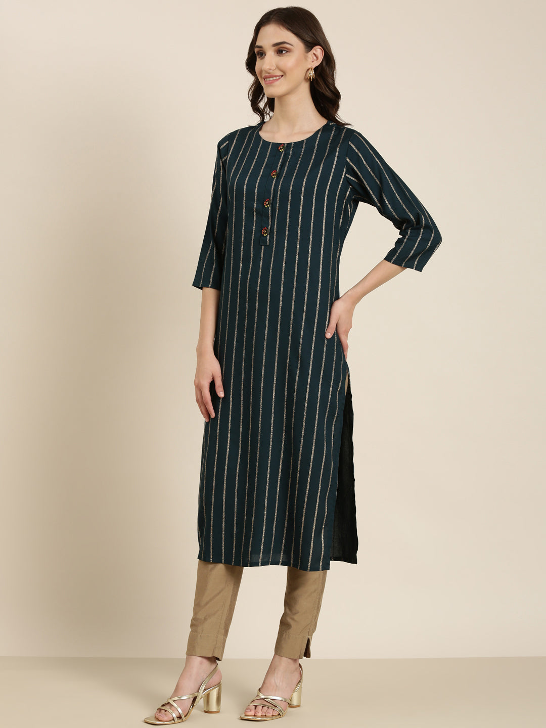 Women's Teal Striped Straight Kurta