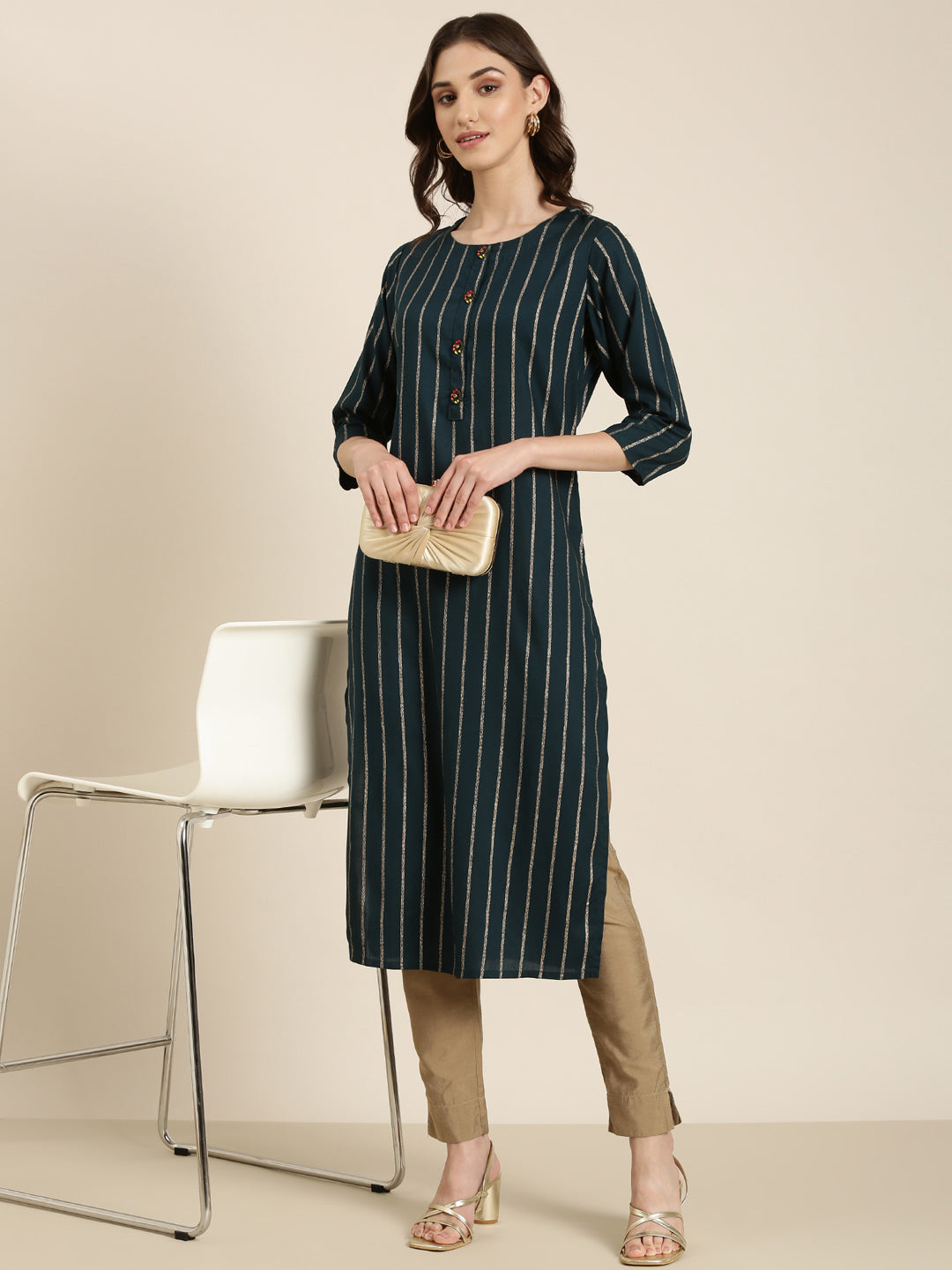 Women's Teal Striped Straight Kurta