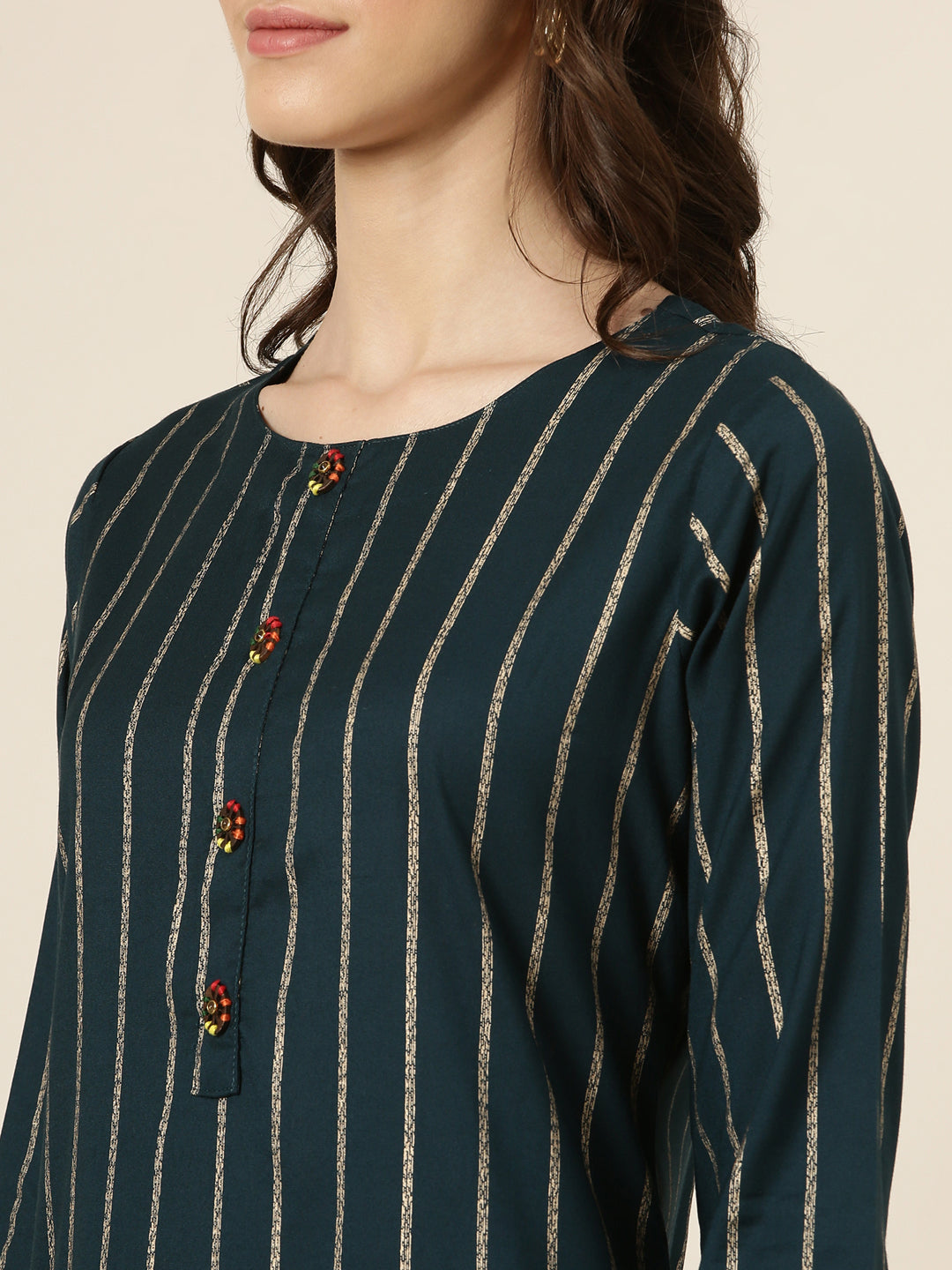 Women's Teal Striped Straight Kurta