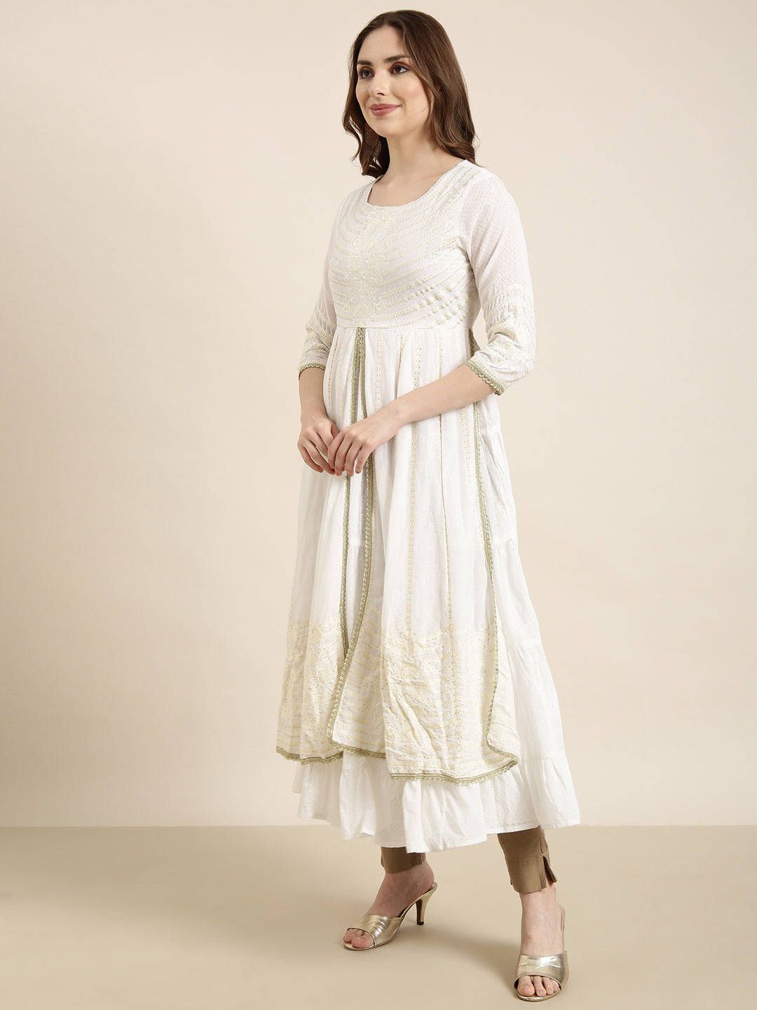 Women's Anarkali Off White Embellished Kurta Sets with Dupatta & Potli Bag