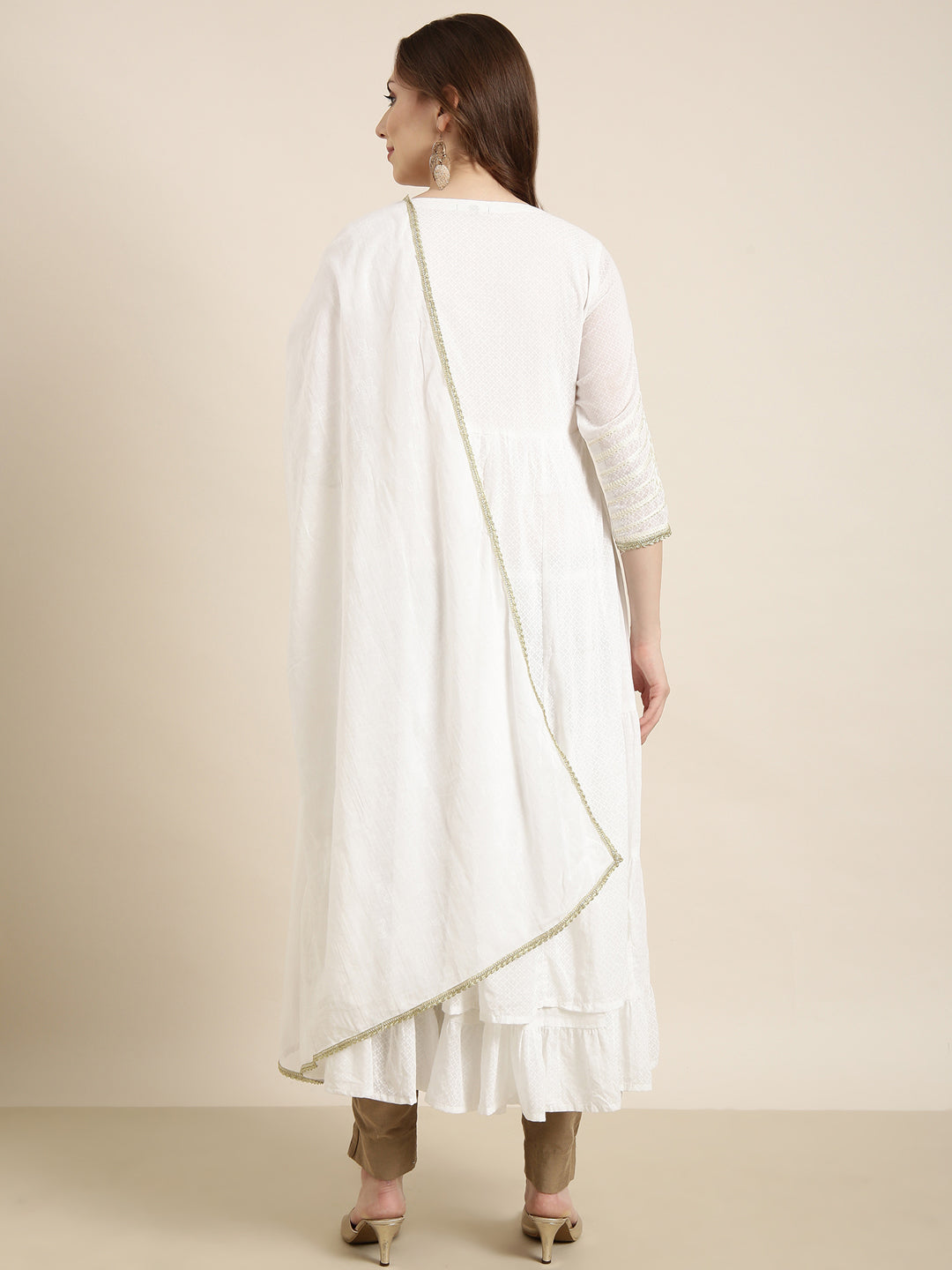 Women's Anarkali Off White Embellished Kurta Sets with Dupatta & Potli Bag