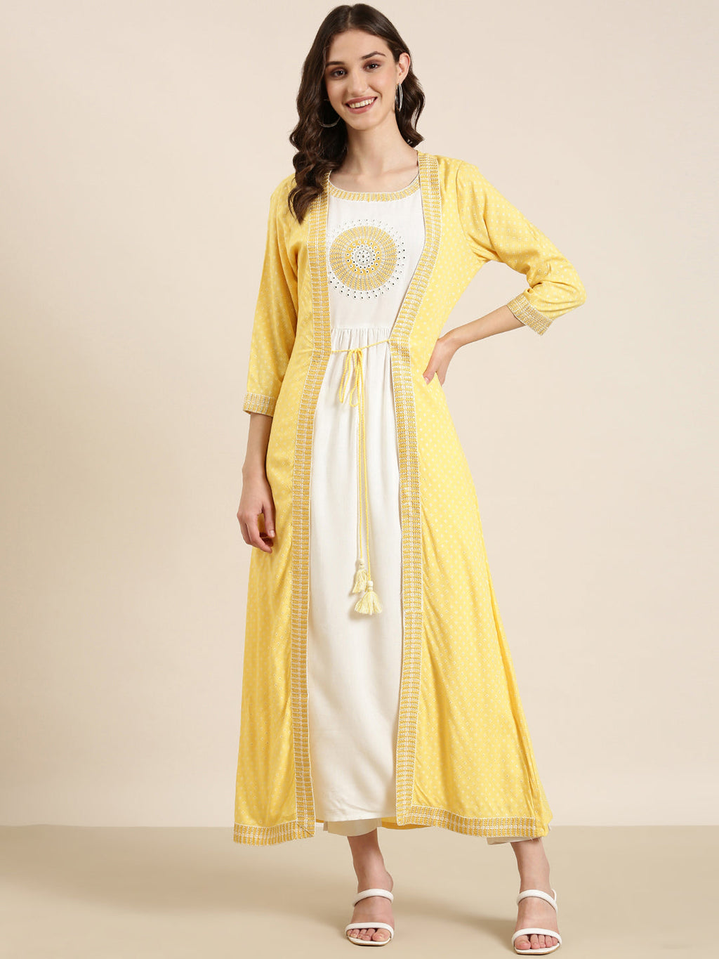 Women's Off White Embroidered Mirror Work Anarkali Kurta with Shrug
