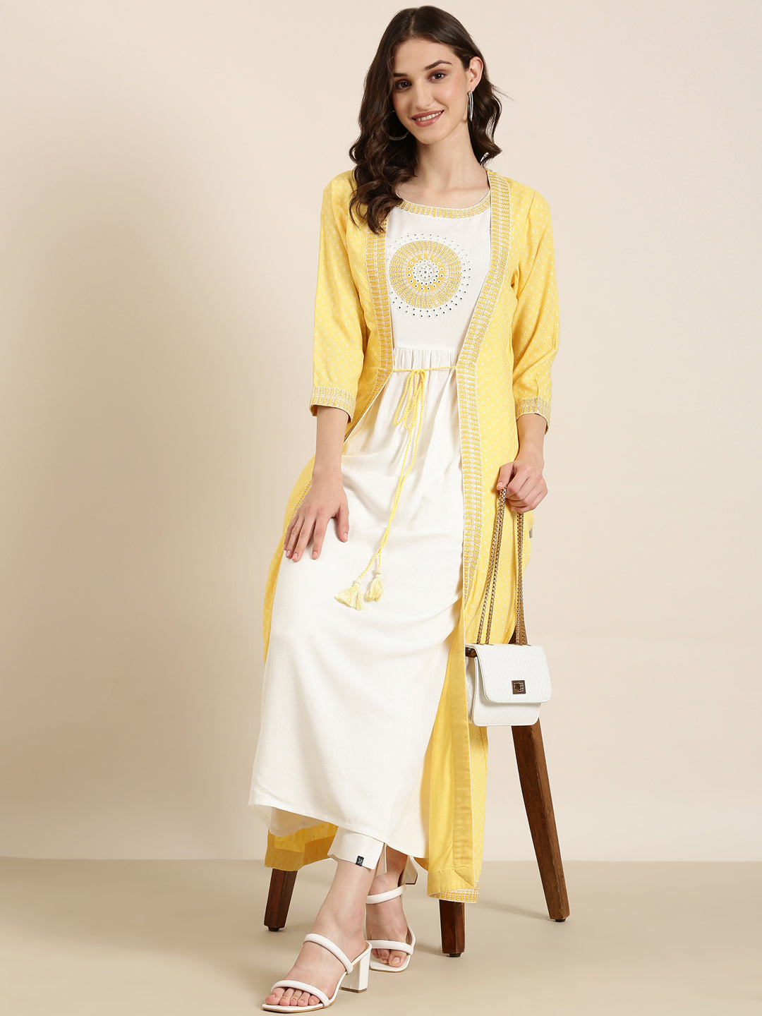 Women's Off White Embroidered Mirror Work Anarkali Kurta with Shrug