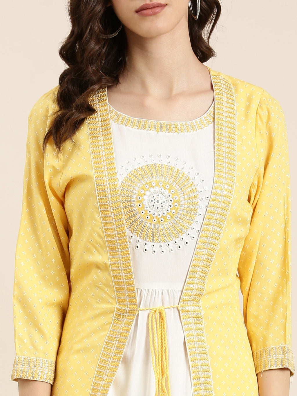 Women's Off White Embroidered Mirror Work Anarkali Kurta with Shrug