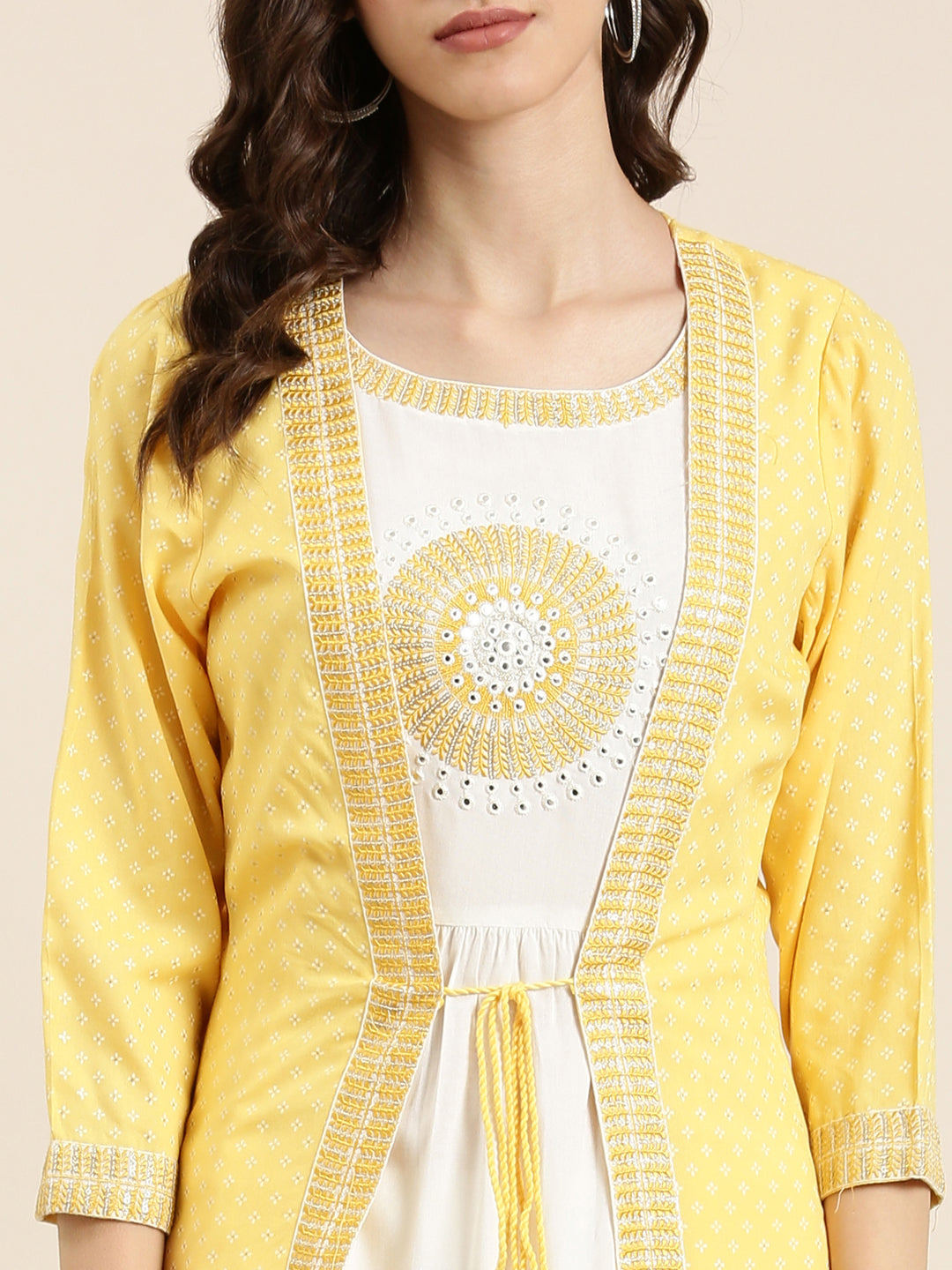 Women's Off White Embroidered Mirror Work Anarkali Kurta with Shrug