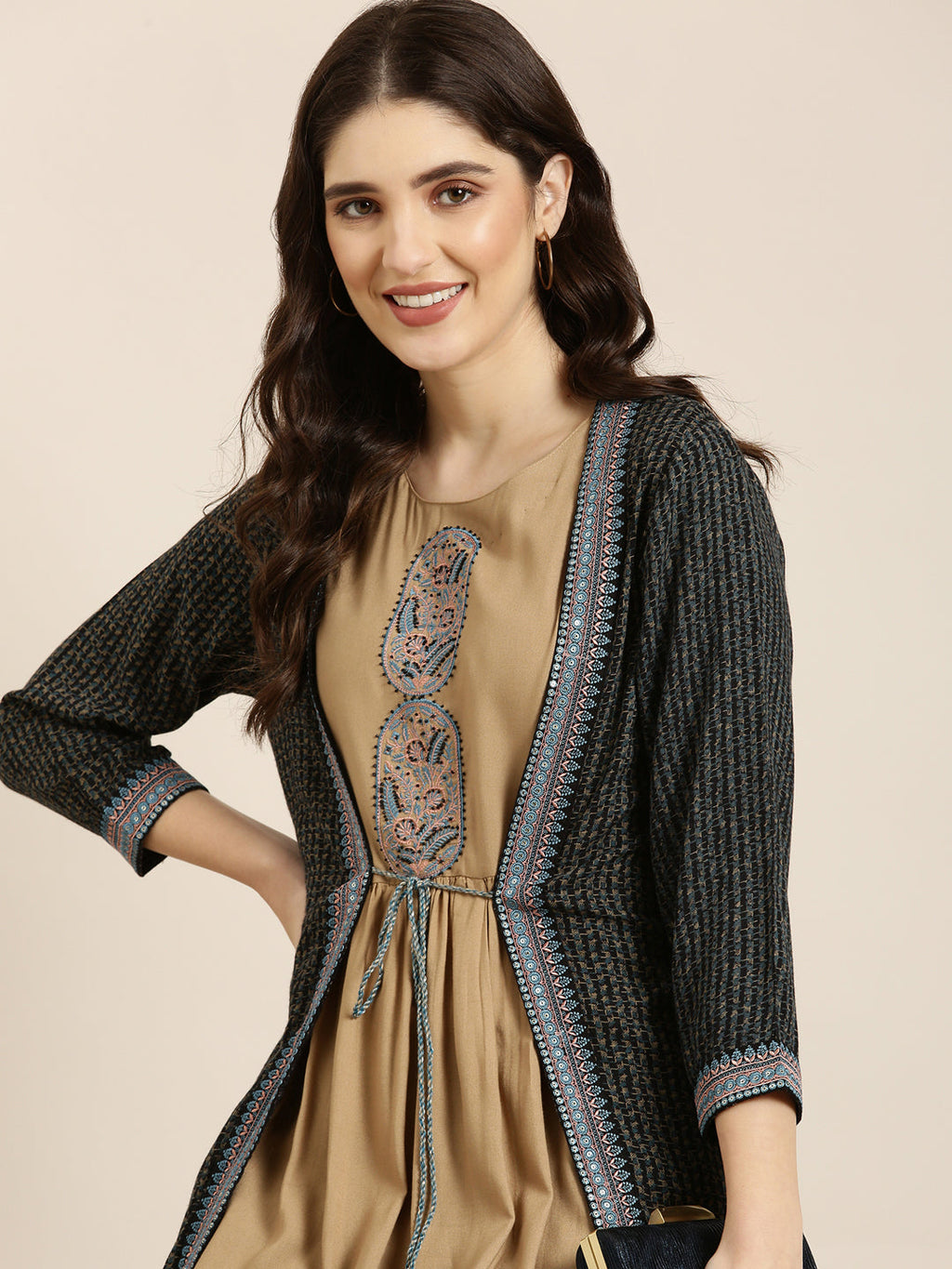 Women's Khaki Floral Printed Round Neck Anarkali Kurta