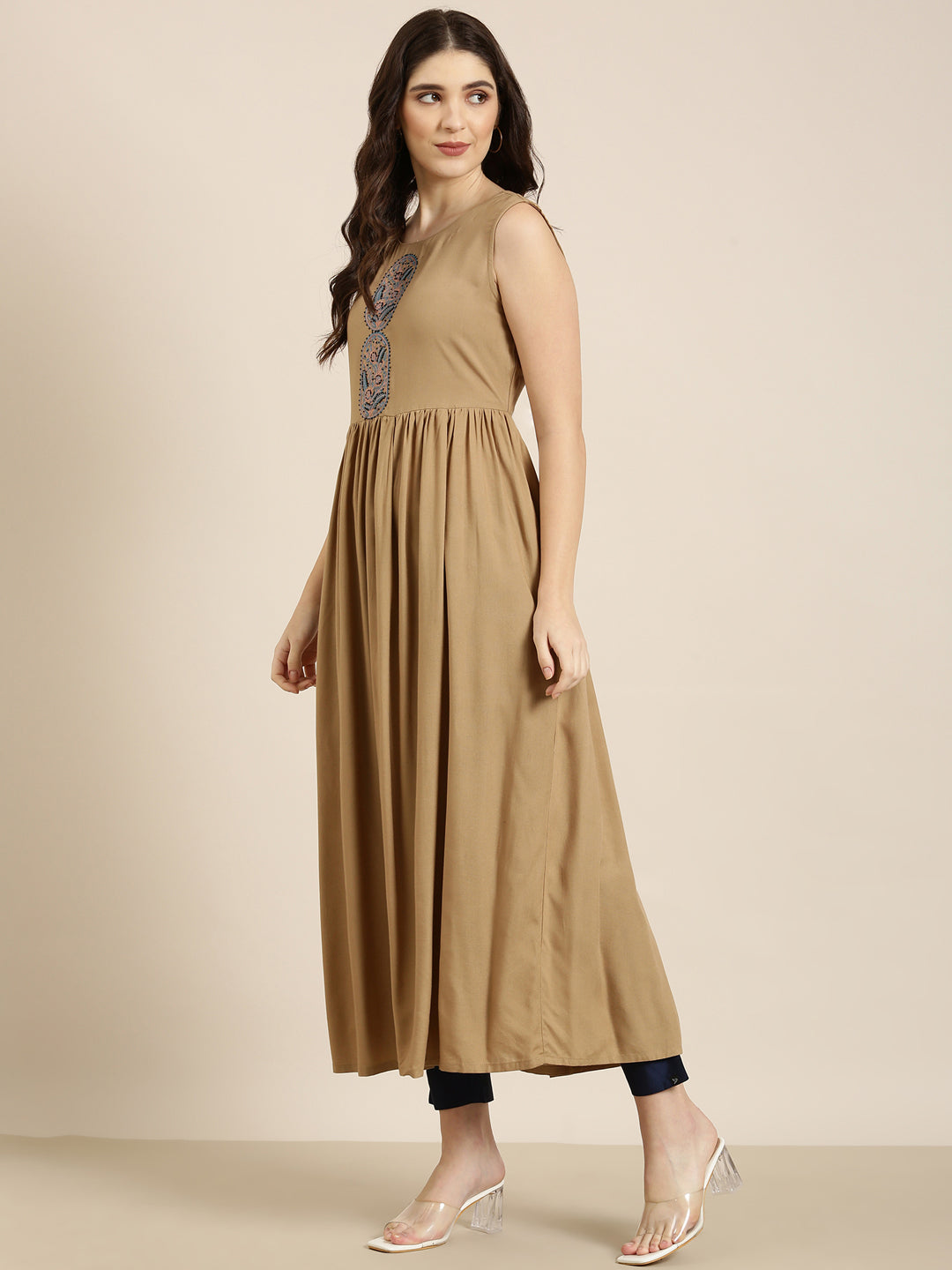 Women's Khaki Floral Printed Round Neck Anarkali Kurta