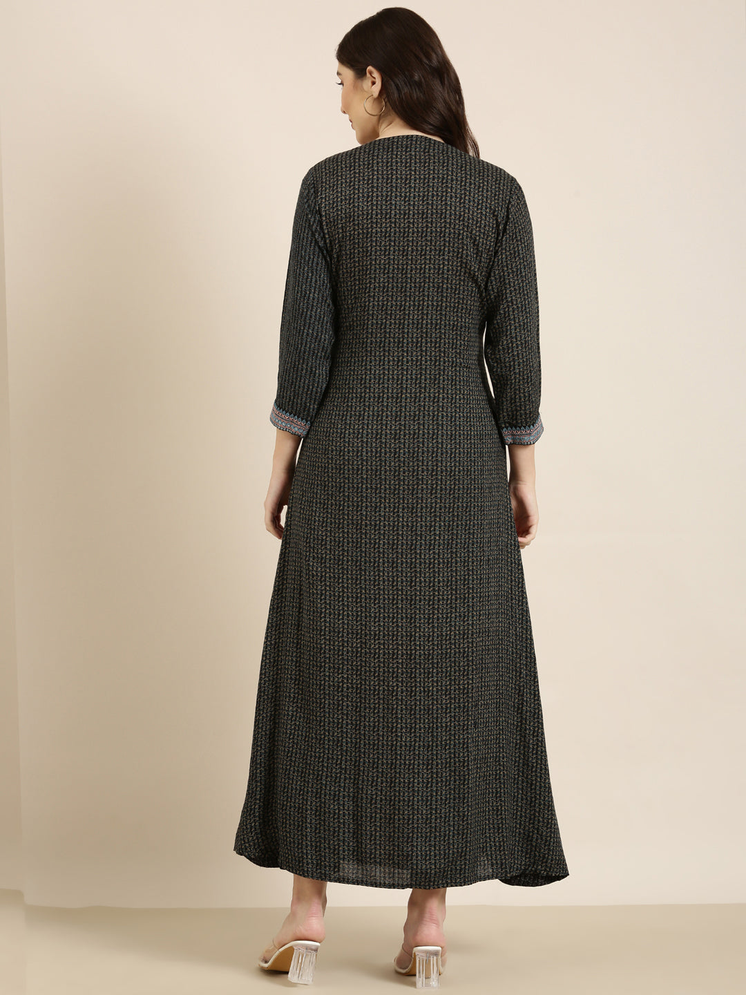 Women's Khaki Floral Printed Round Neck Anarkali Kurta
