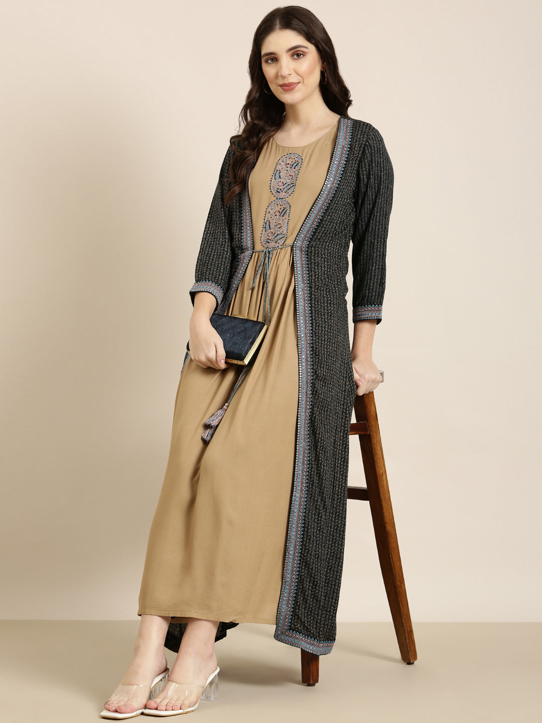 Women's Khaki Floral Printed Round Neck Anarkali Kurta