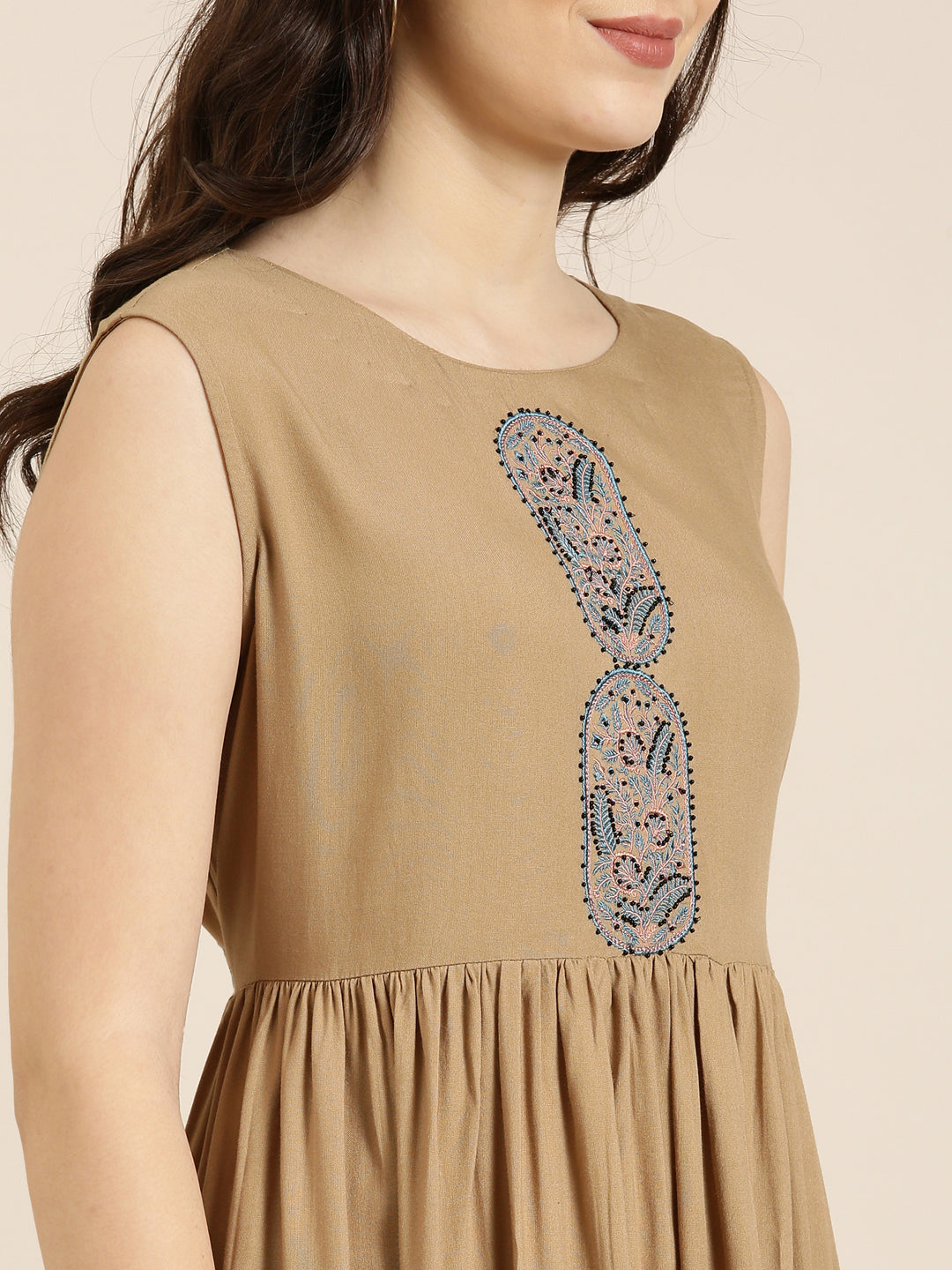 Women's Khaki Floral Printed Round Neck Anarkali Kurta