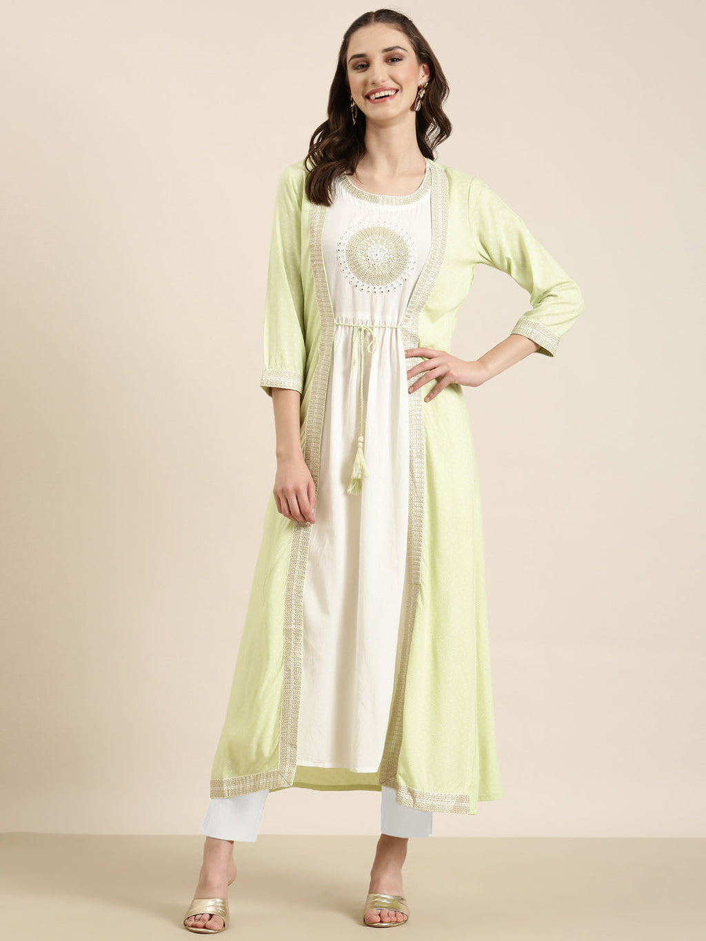 Women's Off White Embroidered Mirror Work Anarkali Kurta with Shrug