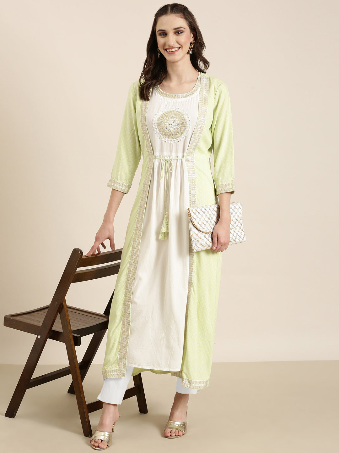 Women's Off White Embroidered Mirror Work Anarkali Kurta with Shrug