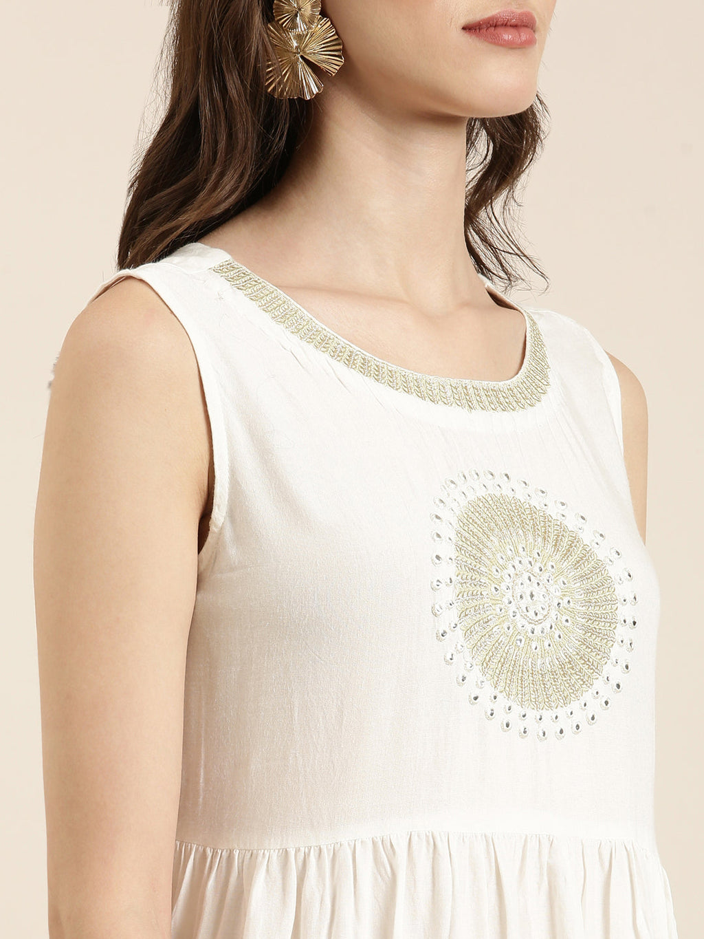 Women's Off White Embroidered Mirror Work Anarkali Kurta with Shrug