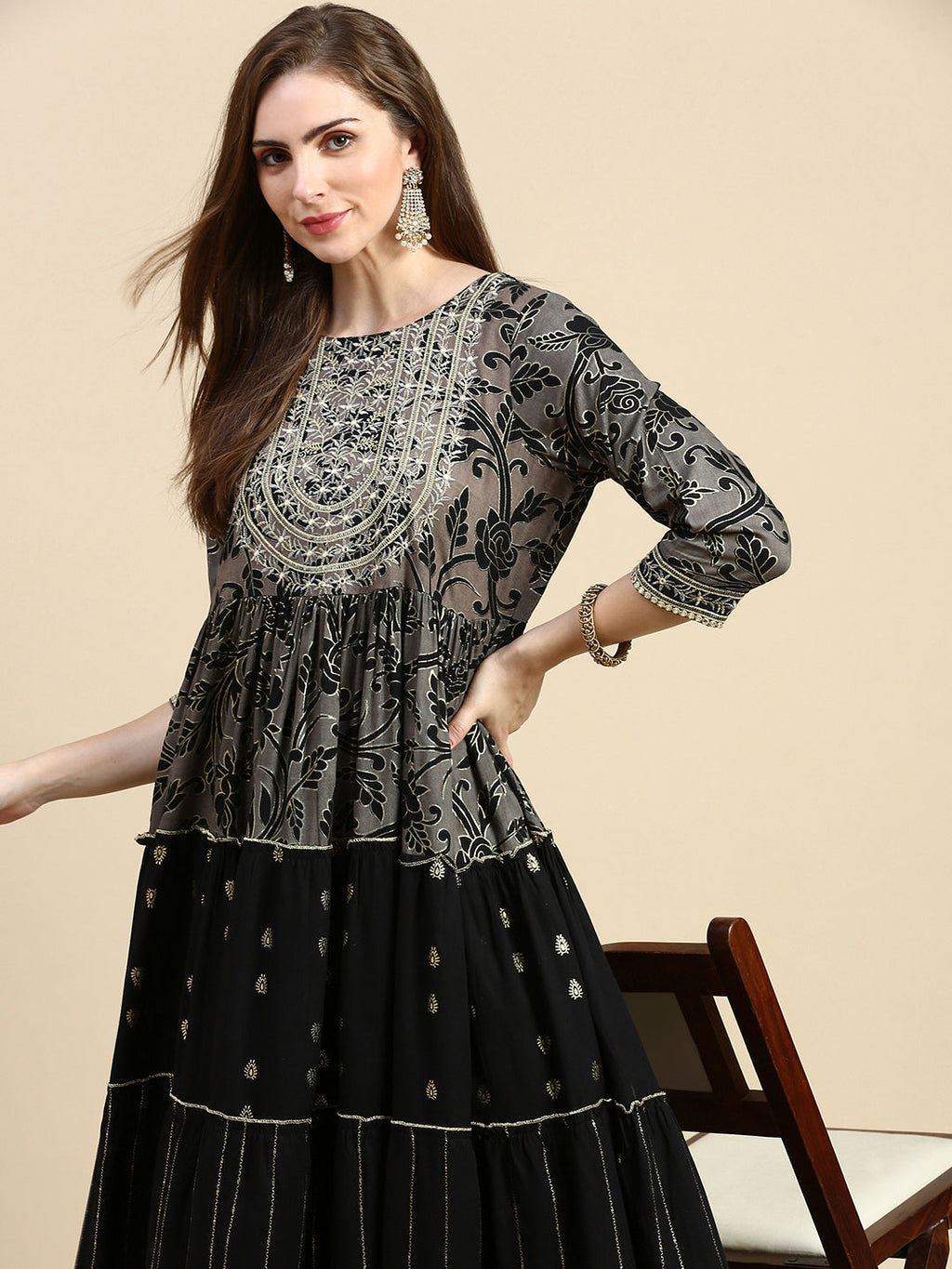 Women's Black Floral Anarkali Kurta