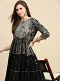 Women's Black Floral Anarkali Kurta