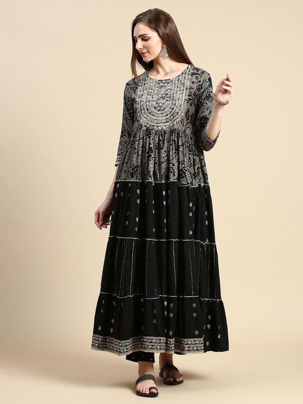 Women's Black Floral Anarkali Kurta