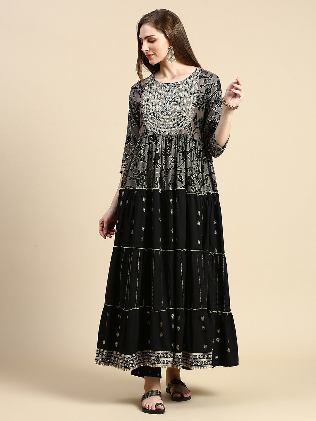 Women's Black Floral Anarkali Kurta