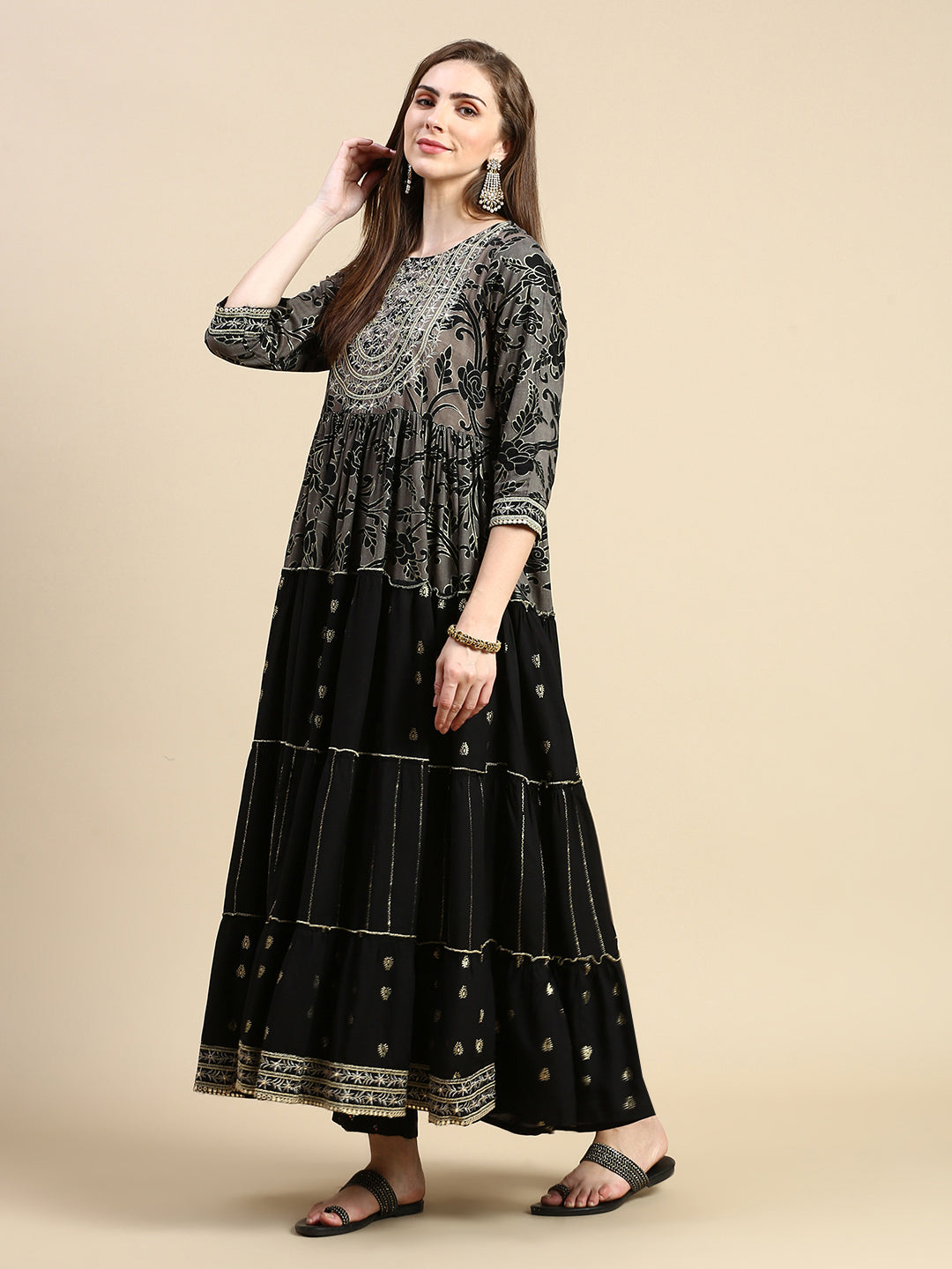 Women's Black Floral Anarkali Kurta