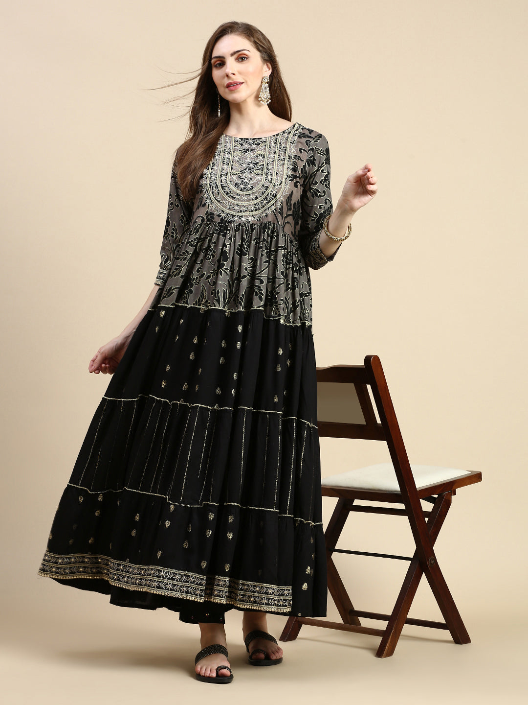 Women's Black Floral Anarkali Kurta
