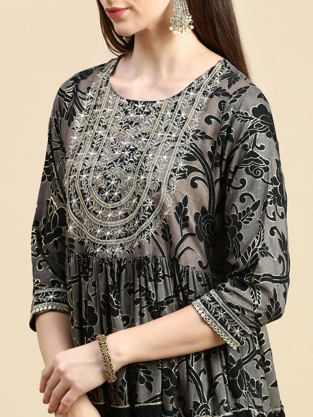 Women's Black Floral Anarkali Kurta