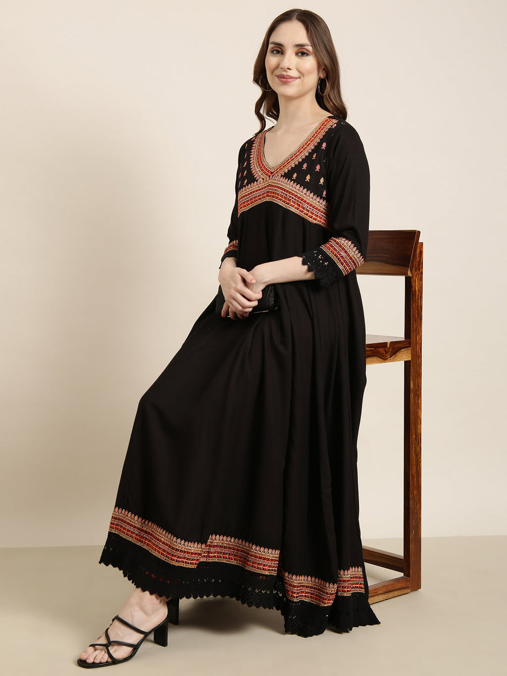 Women's Anarkali Black Embellished Kurta