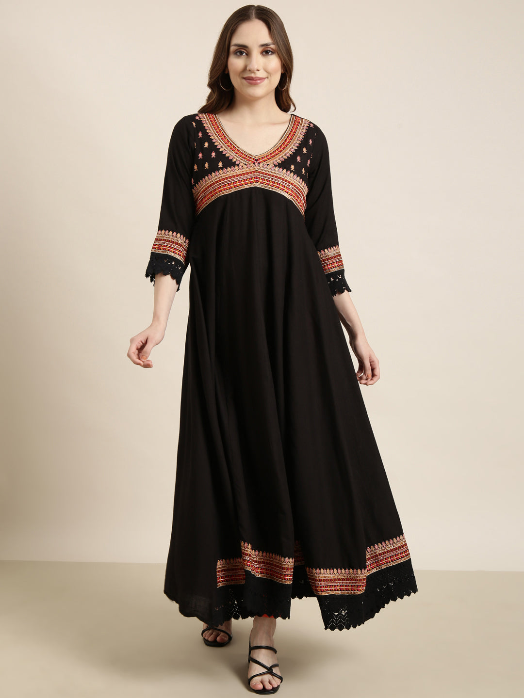 Women's Anarkali Black Embellished Kurta