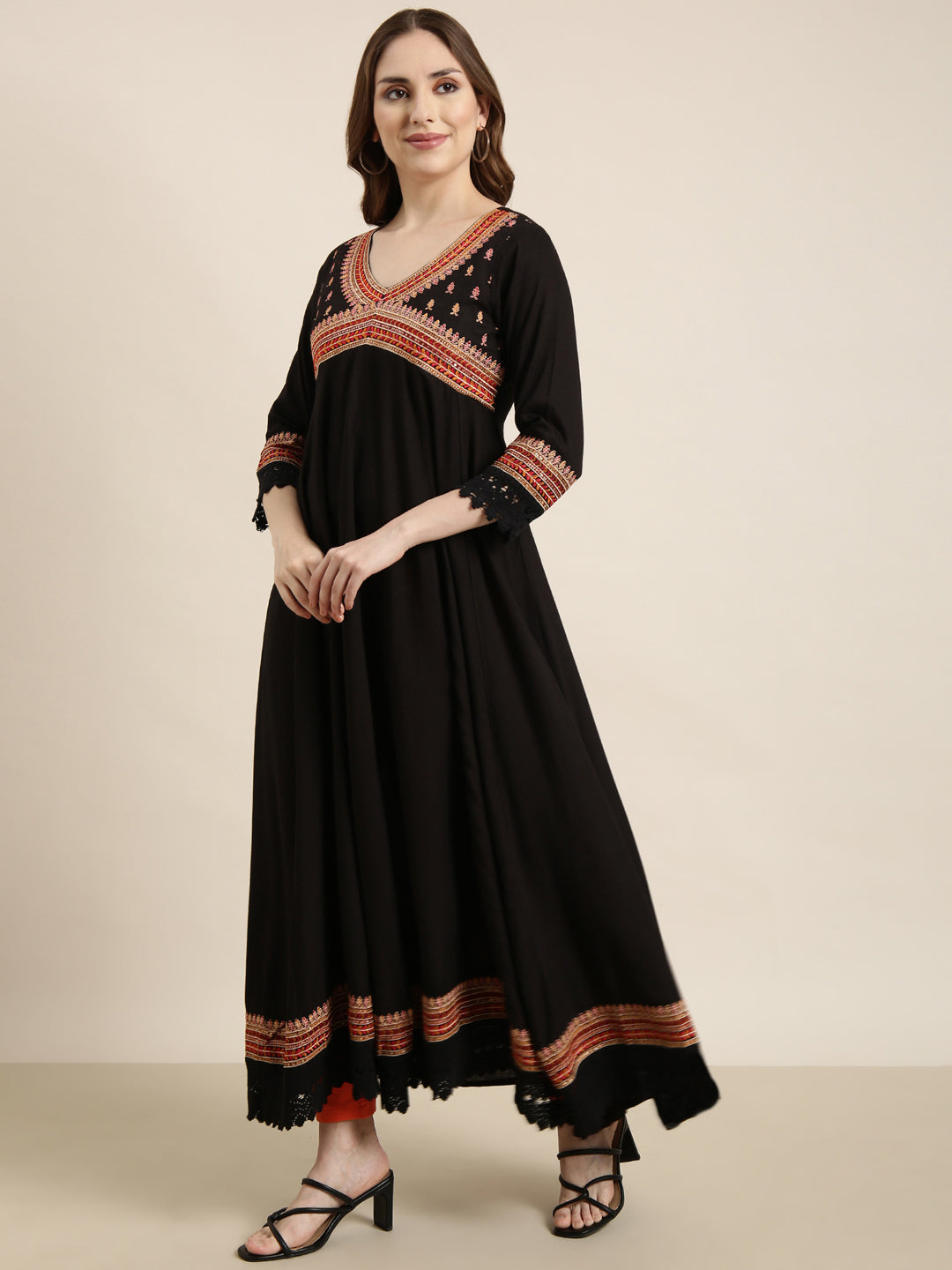 Women's Anarkali Black Embellished Kurta