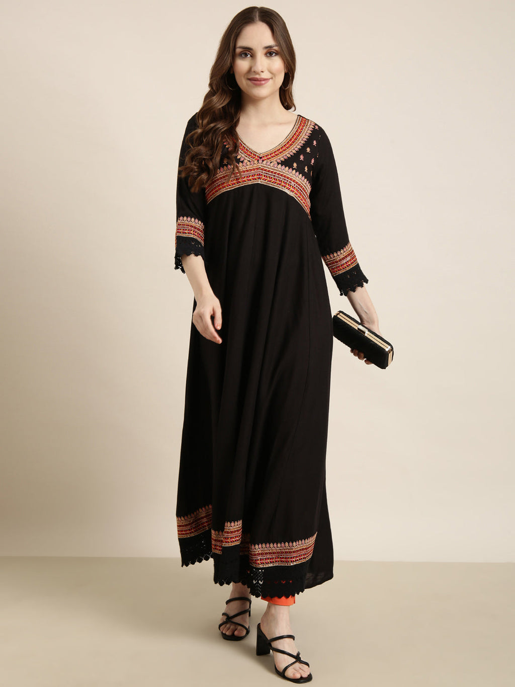 Women's Anarkali Black Embellished Kurta