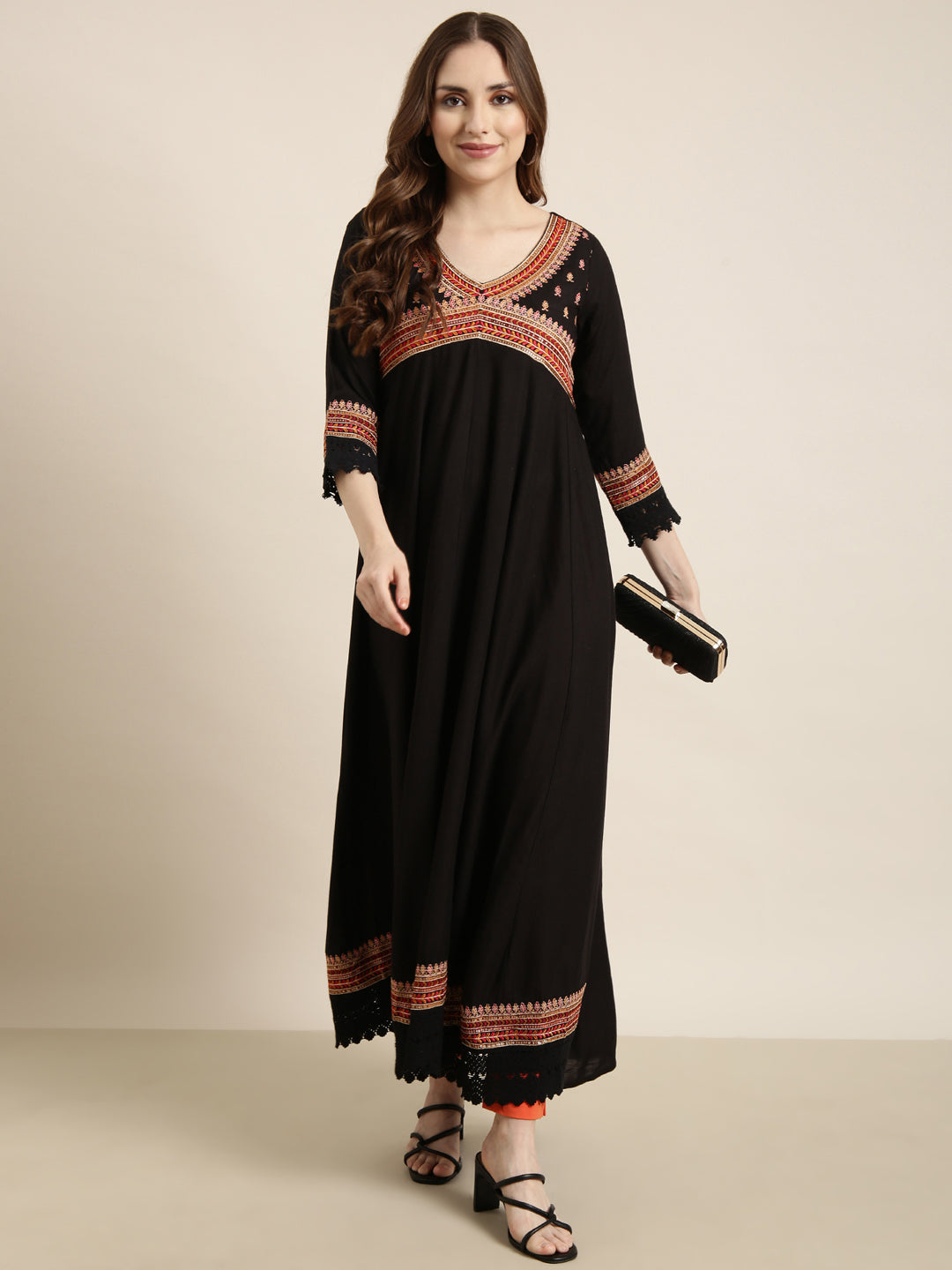 Women's Anarkali Black Embellished Kurta