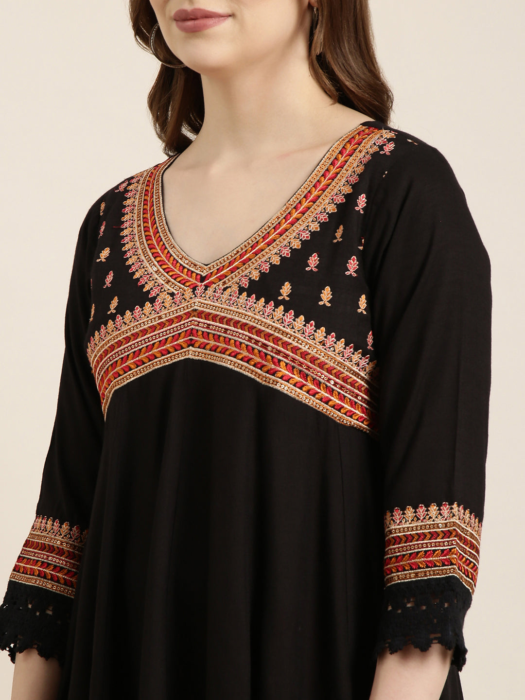 Women's Anarkali Black Embellished Kurta