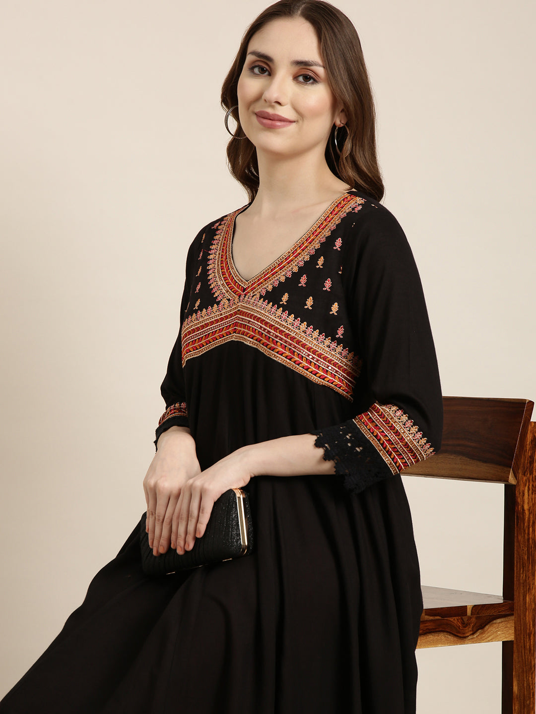 Women's Anarkali Black Embellished Kurta