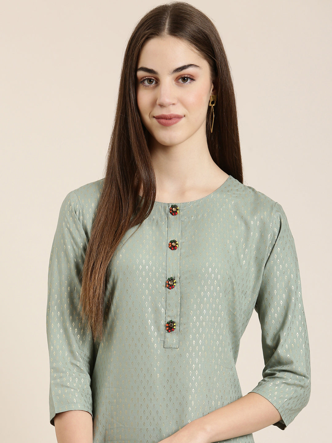 Women's Sea Green Abstract Woven Design Straight Kurta
