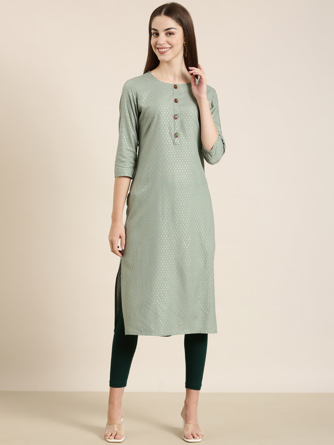 Women's Sea Green Abstract Woven Design Straight Kurta