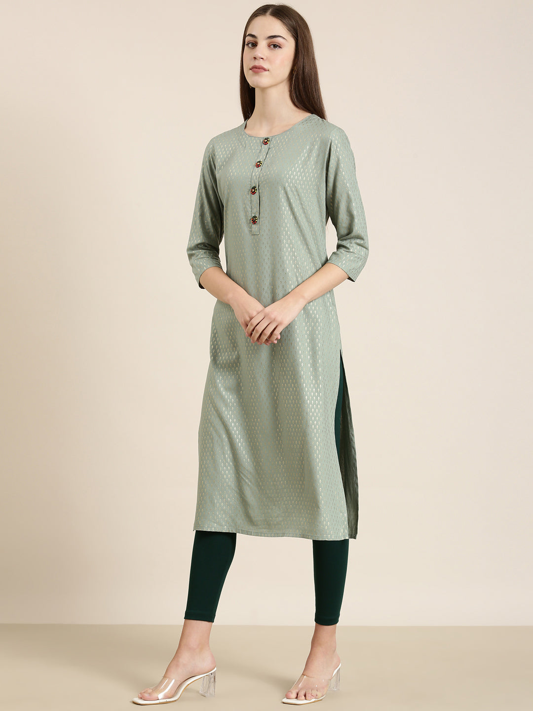 Women's Sea Green Abstract Woven Design Straight Kurta