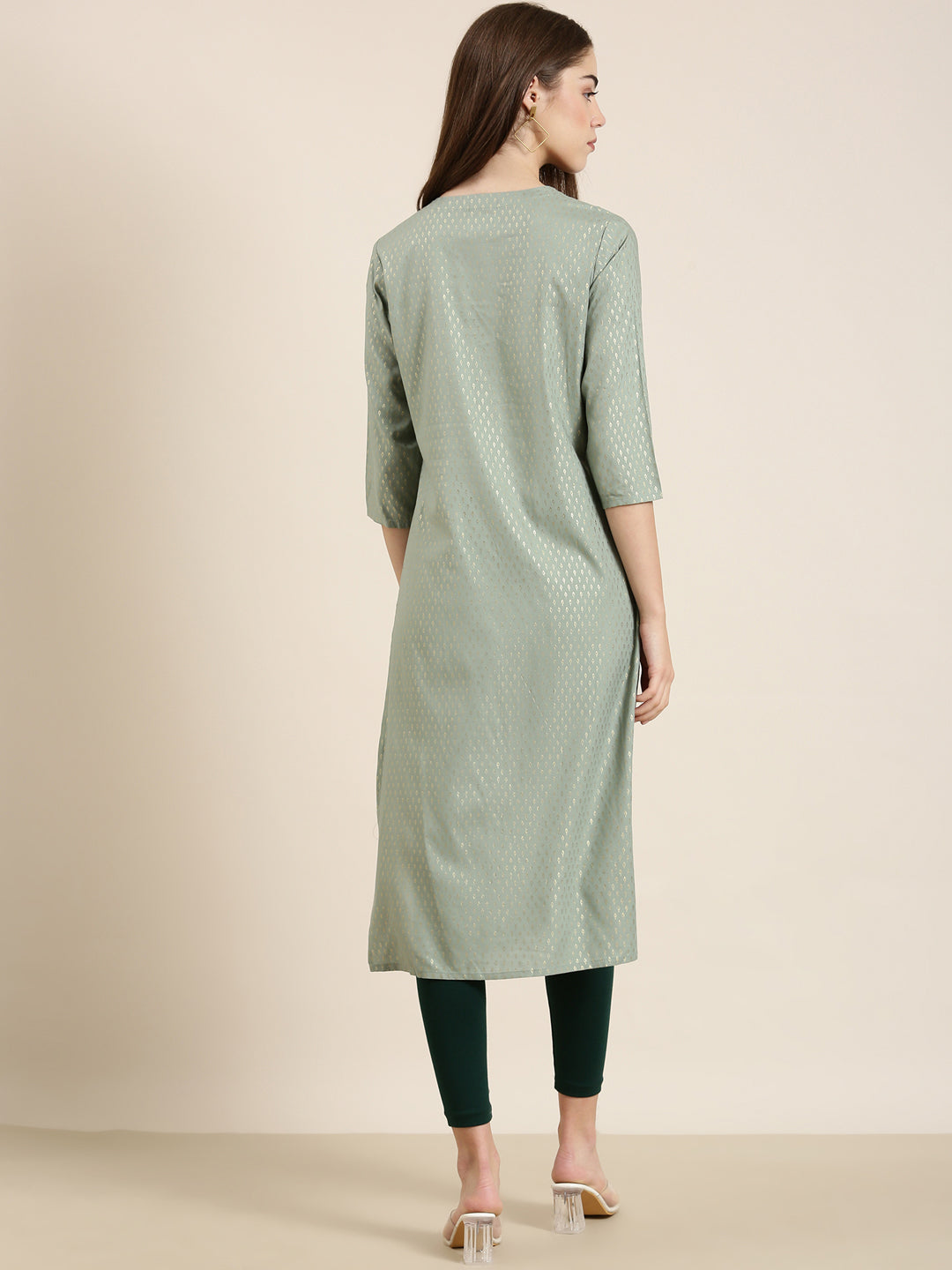 Women's Sea Green Abstract Woven Design Straight Kurta