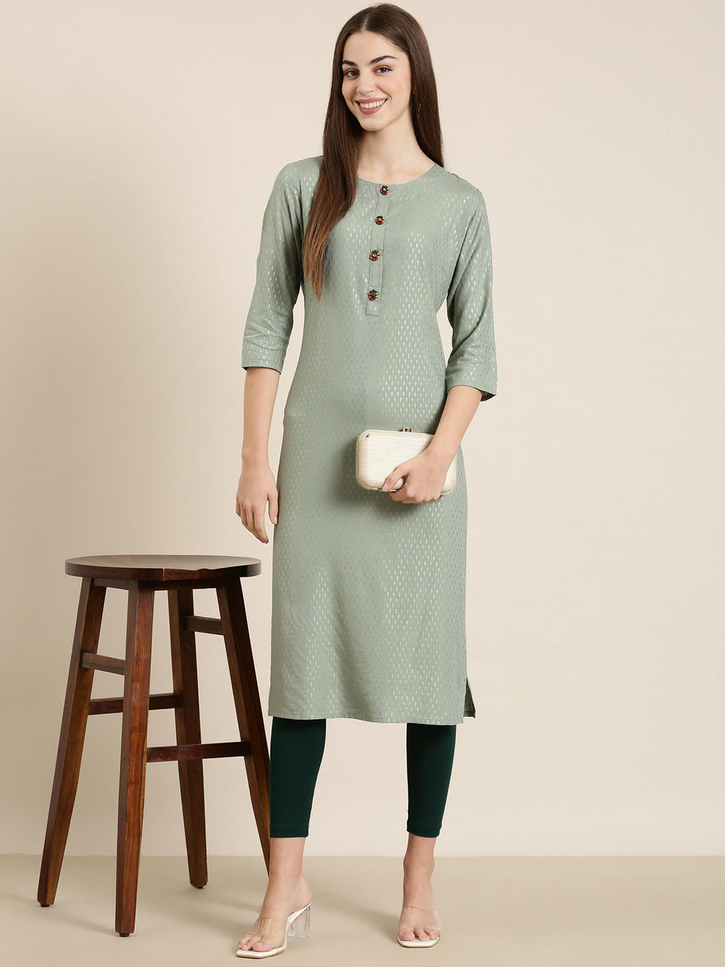 Women's Sea Green Abstract Woven Design Straight Kurta