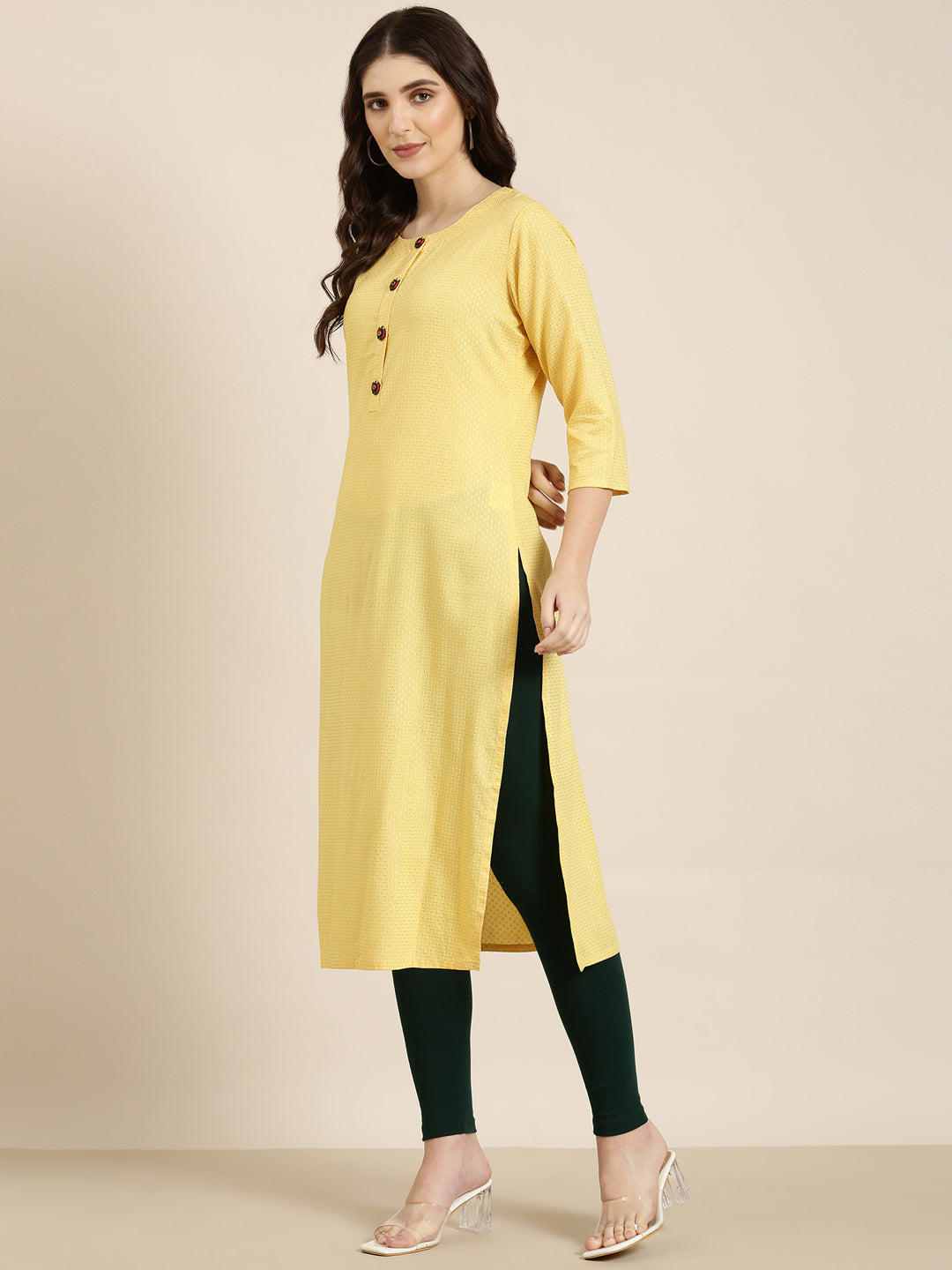 Women's Yellow Ethnic Motif Embroidered Thread Work Straight Kurta