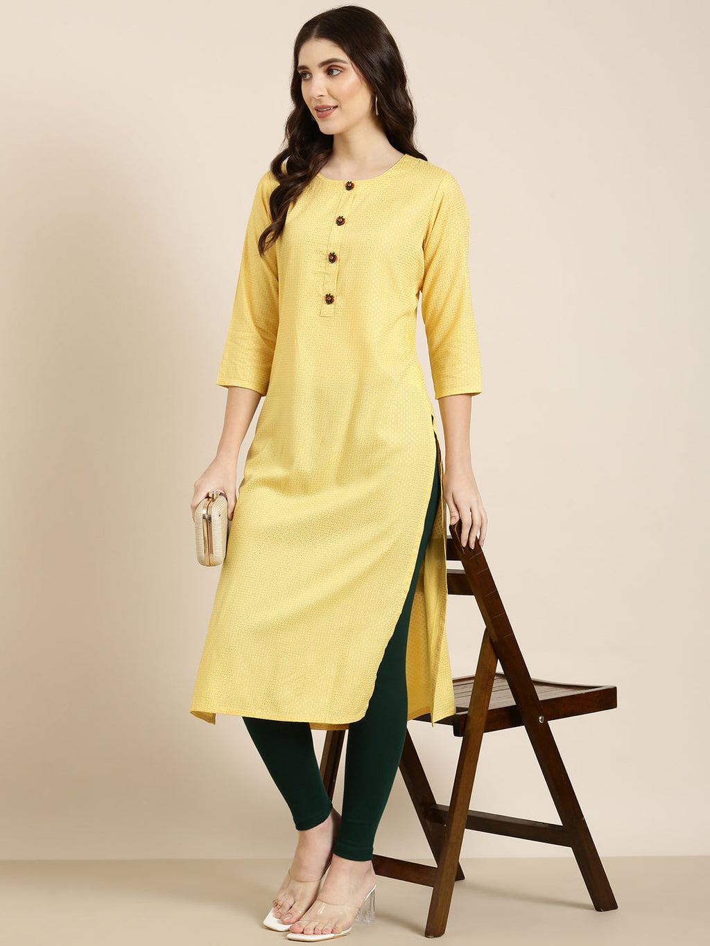 Women's Yellow Ethnic Motif Embroidered Thread Work Straight Kurta
