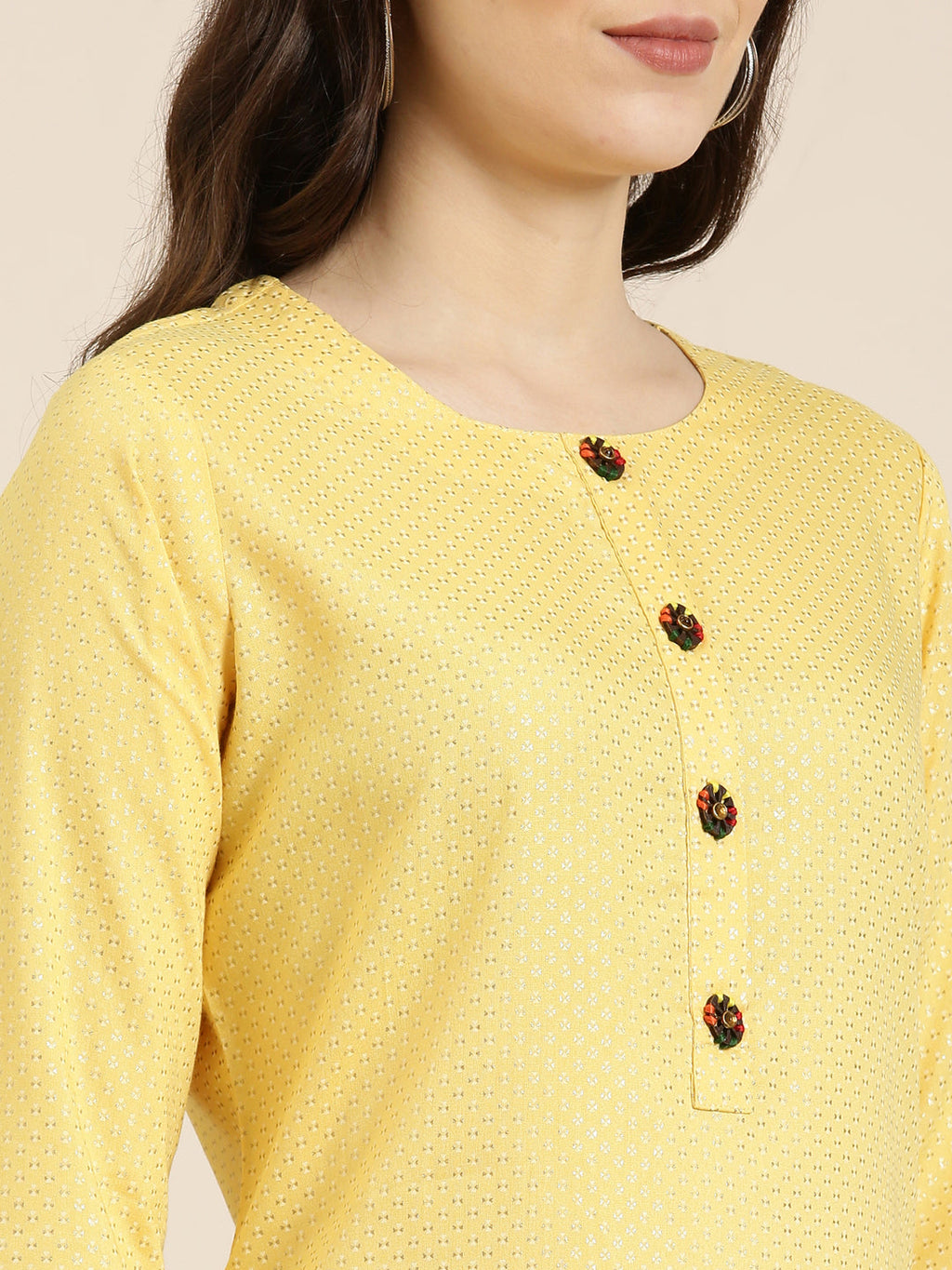 Women's Yellow Ethnic Motif Embroidered Thread Work Straight Kurta
